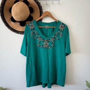 Chico's Ultimate Tee Green Floral Beaded V-Neck T-Shirt XXL